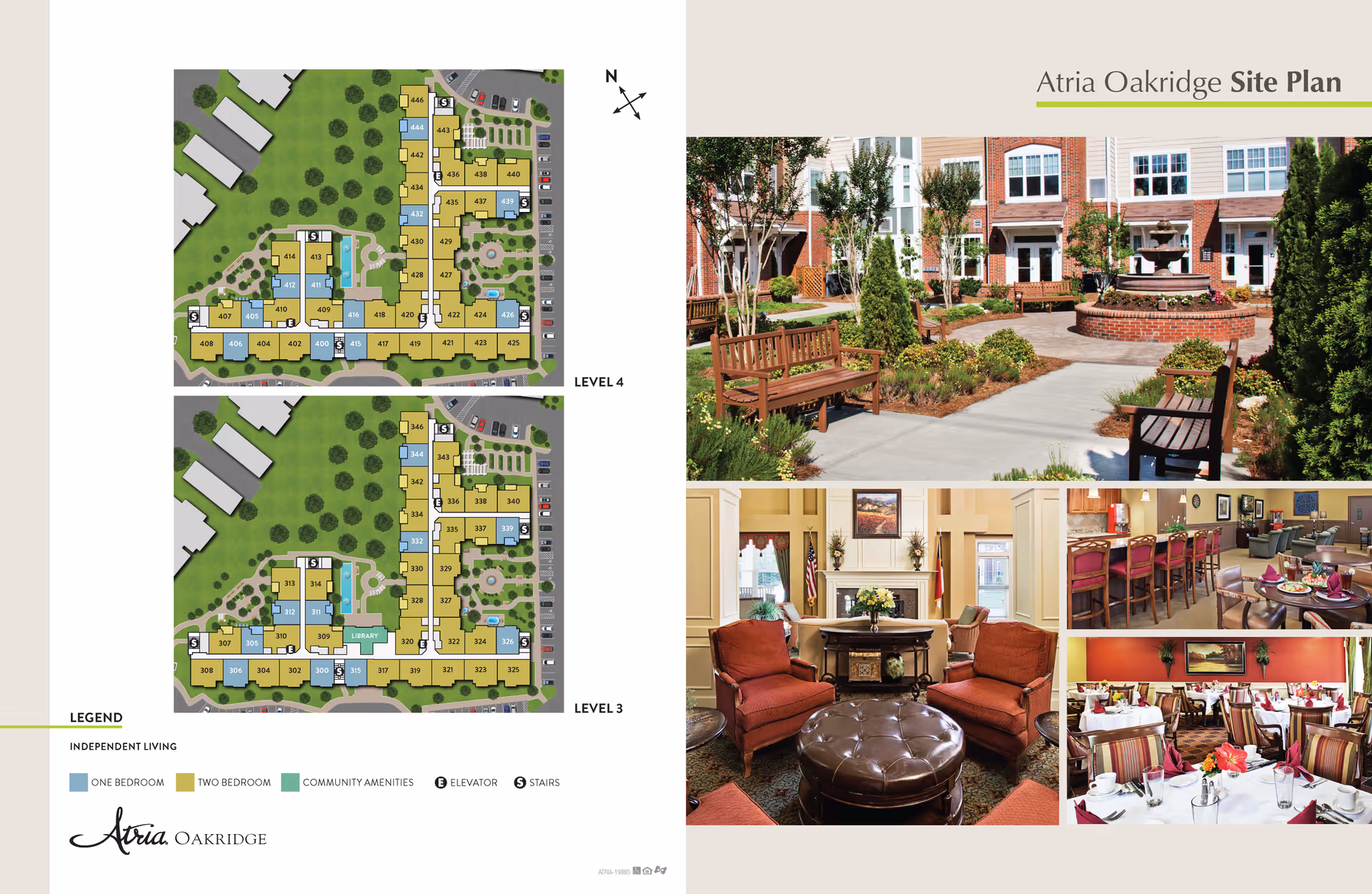 Atria Oakridge site plan showing layouts for Level 3 and Level 4 with color-coded independent living units, community amenities, elevators, and stairs. The right side features images of an outdoor courtyard with benches and a fountain, a cozy living room with chairs and a fireplace, a dining area with tables set for meals, and a bar area with seating.