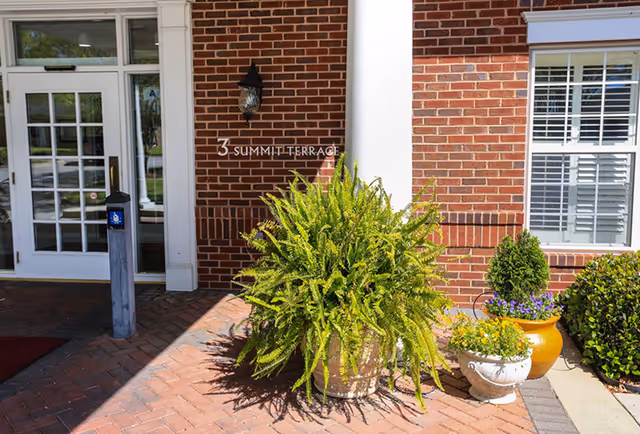 Brick building entrance with a glass door, white column, large potted ferns, and a '3 Summit Terrace' sign on the wall.