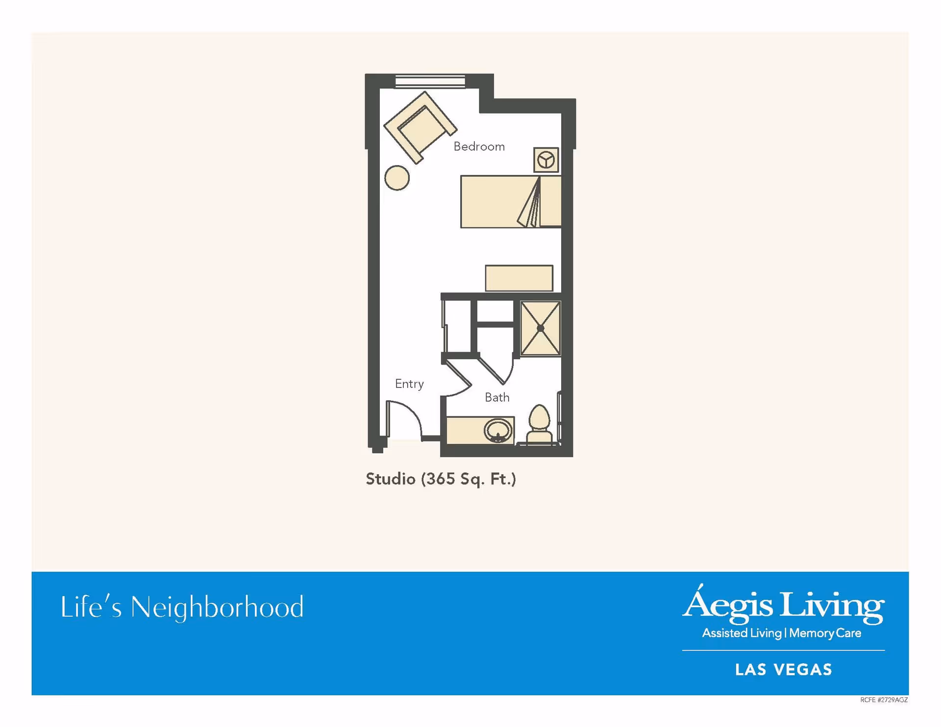 Floor plan of a studio apartment measuring 365 square feet, showing an entry area, a combined bedroom with furniture including a bed and chair, and a bathroom with a sink, toilet, and shower.