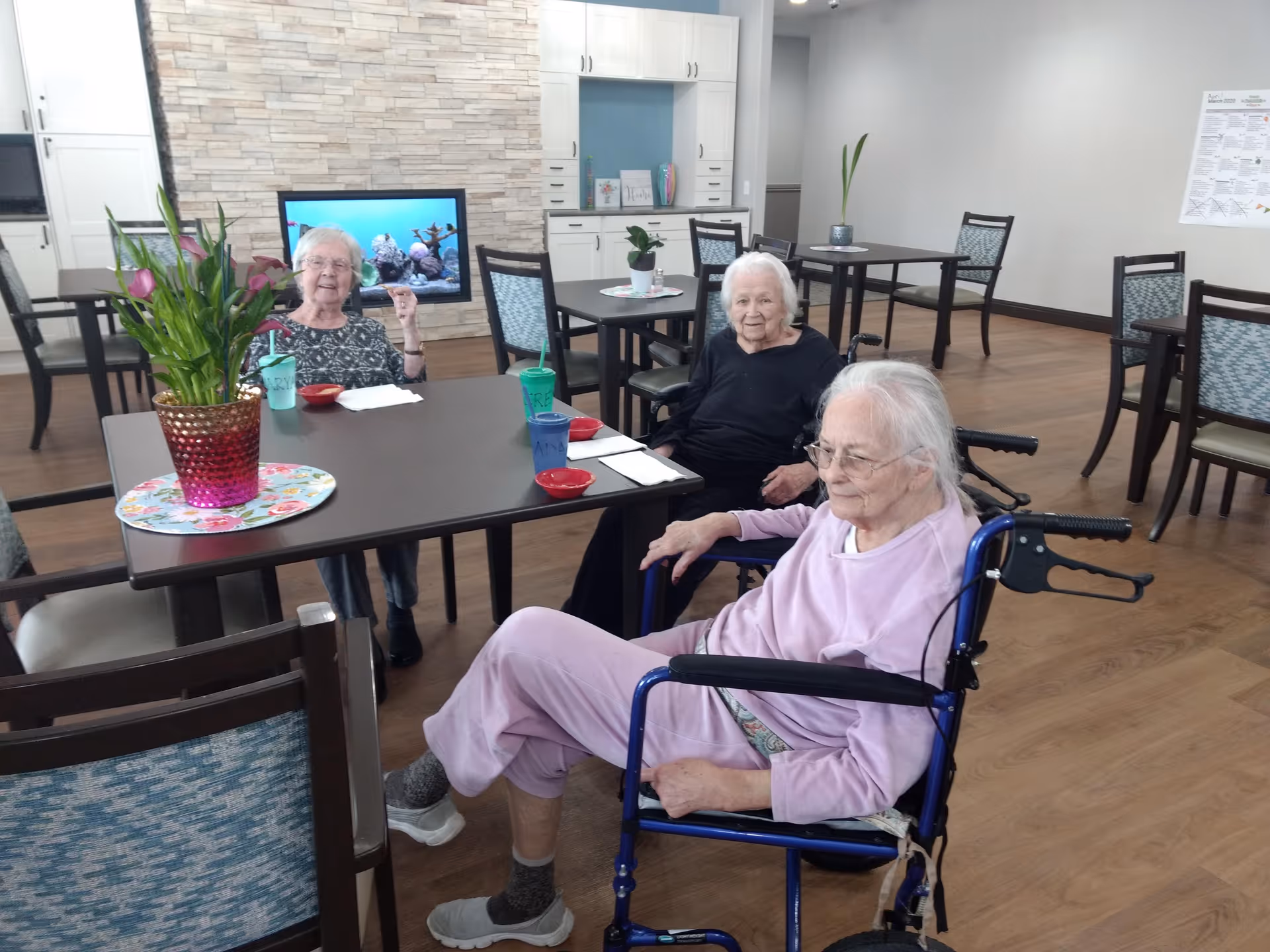 Three elderly women seated around tables in a senior living facility dining room, with one woman in a blue walker.