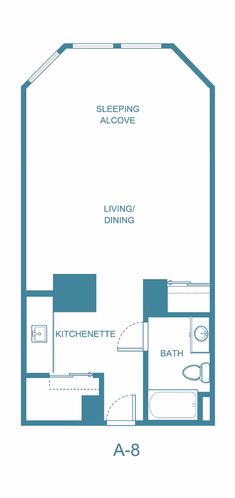 Floor plan labeled A-8 showing a studio layout with a sleeping alcove, living/dining area, kitchenette, and bathroom including a bathtub, toilet, and sink.