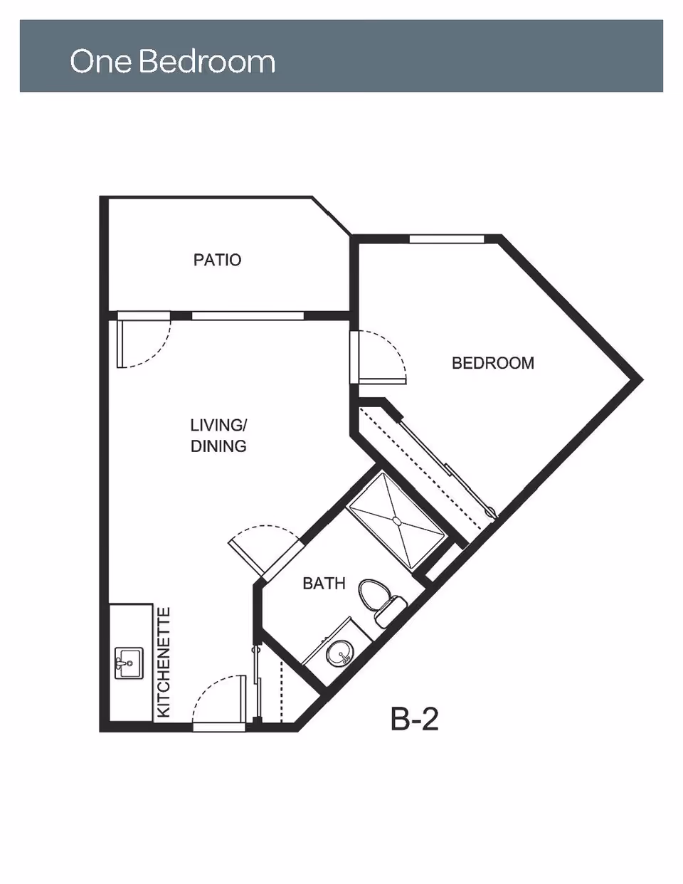 Floor plan of a one-bedroom apartment labeled B-2, showing a patio, living/dining area, kitchenette, bedroom, and bathroom.