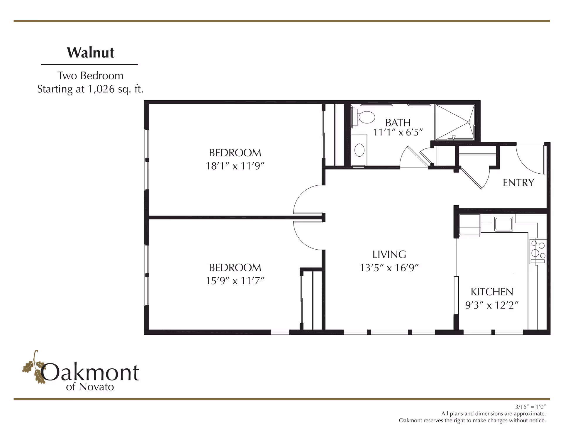 Floor plan of Walnut two-bedroom apartment at Oakmont of Novato, showing two bedrooms, a bathroom, living room, kitchen, and entry area with dimensions.