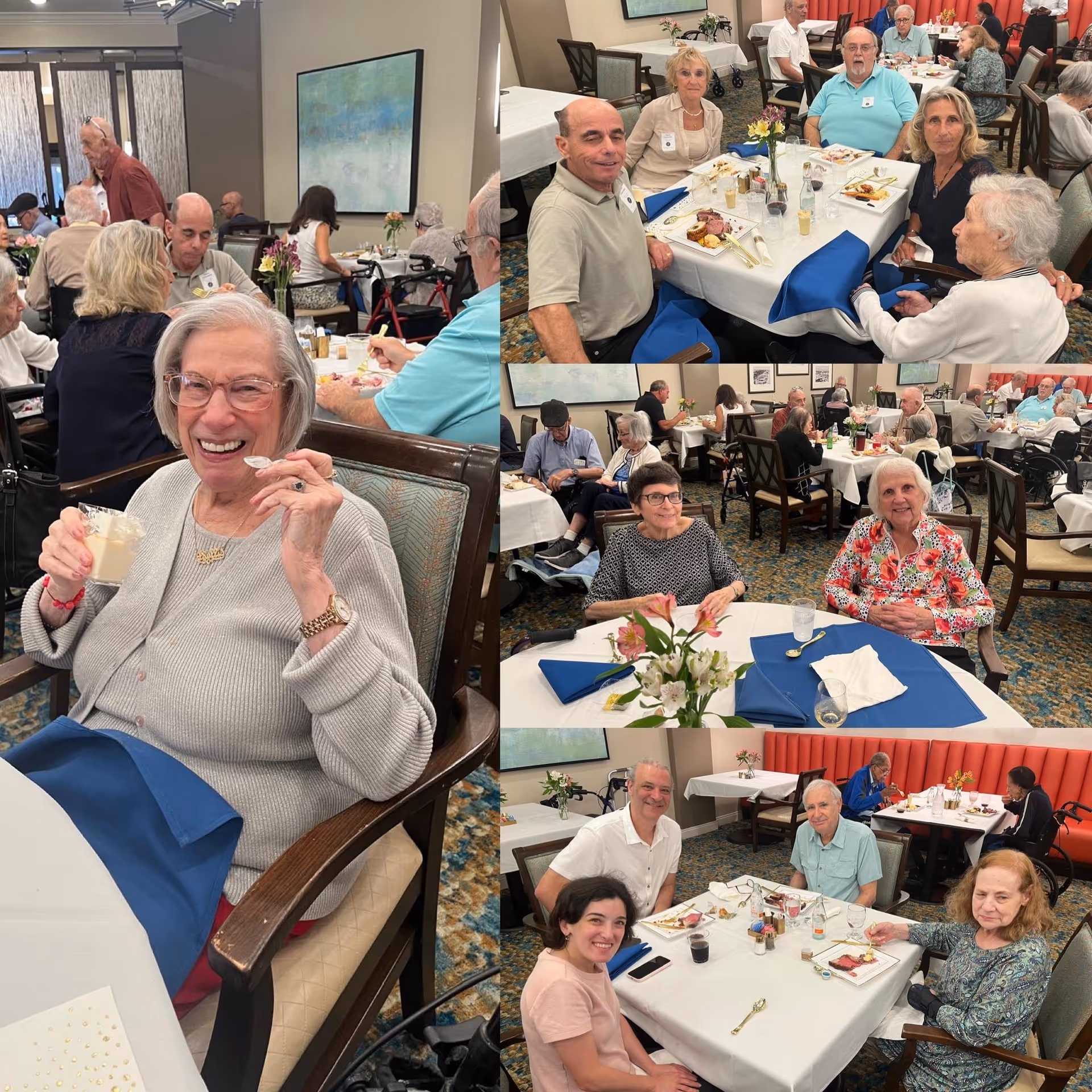 A collage of four photos showing elderly residents and visitors enjoying a meal together in a dining room at Arbor Terrace Cooper City. The images feature groups of people sitting at tables with white tablecloths and blue napkins, engaging in conversation and smiling. The dining room has a warm and welcoming atmosphere with floral centerpieces and artwork on the walls.