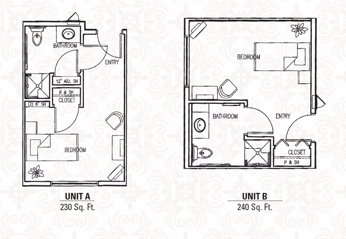 Architectural floor plans for two units labeled Unit A and Unit B at Heritage Court. Unit A is 230 square feet and includes a bedroom, bathroom, closet, and entry area. Unit B is 240 square feet and includes a bedroom, bathroom, closet, and entry area. Both units show furniture placement and bathroom fixtures.