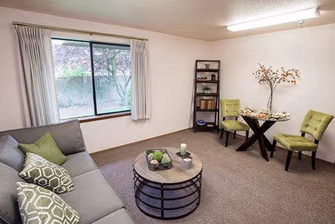 A cozy living room with a gray sofa adorned with patterned green and gray pillows, a round coffee table with decorative items, two green upholstered chairs around a small round table with a floral centerpiece, a tall black shelving unit with books and decor, and a window with light curtains showing an outdoor view.