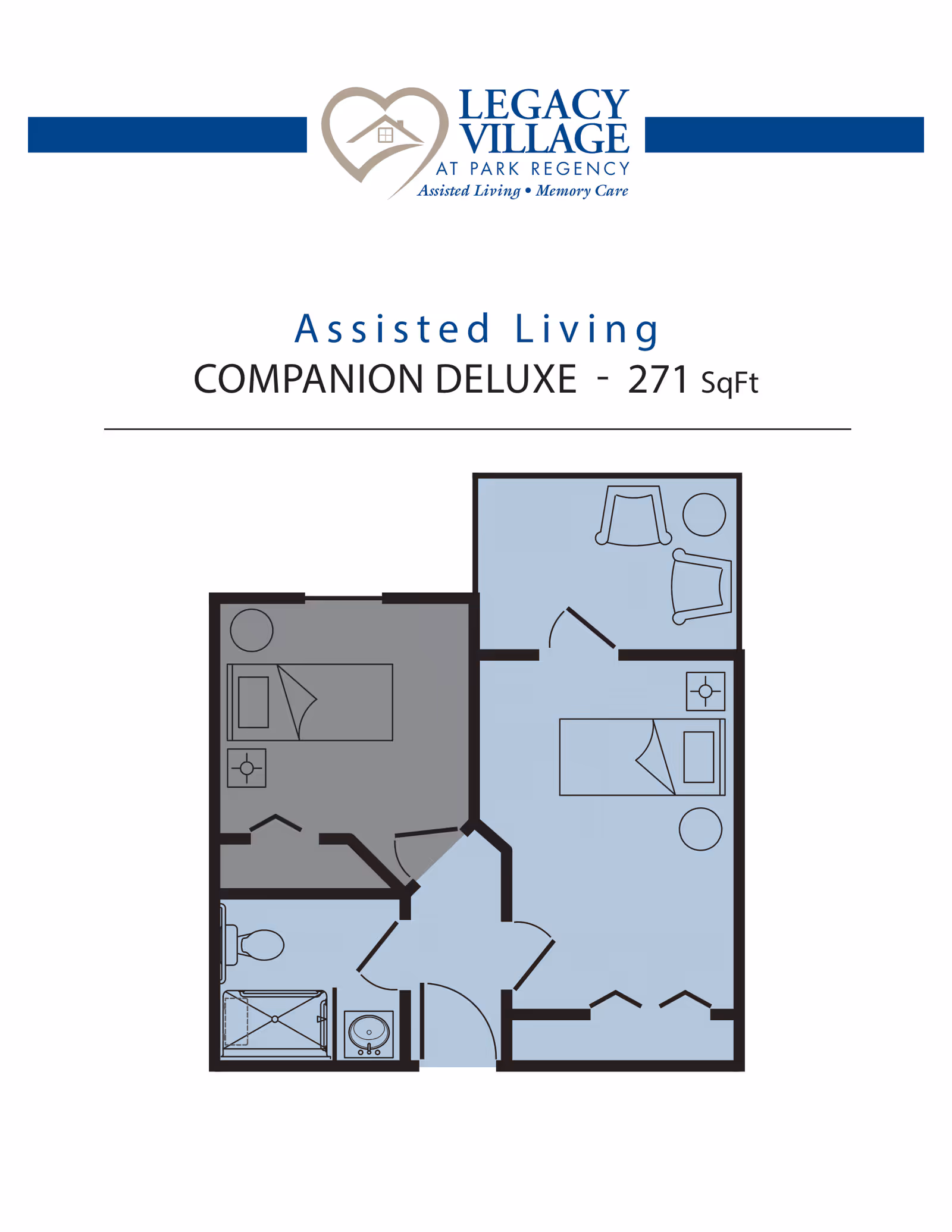 Floor plan of the Companion Deluxe assisted living unit at Legacy Village at Park Regency, showing two bedrooms, a bathroom with shower and sink, and a small sitting area with two chairs and a table. The total area is 271 square feet.