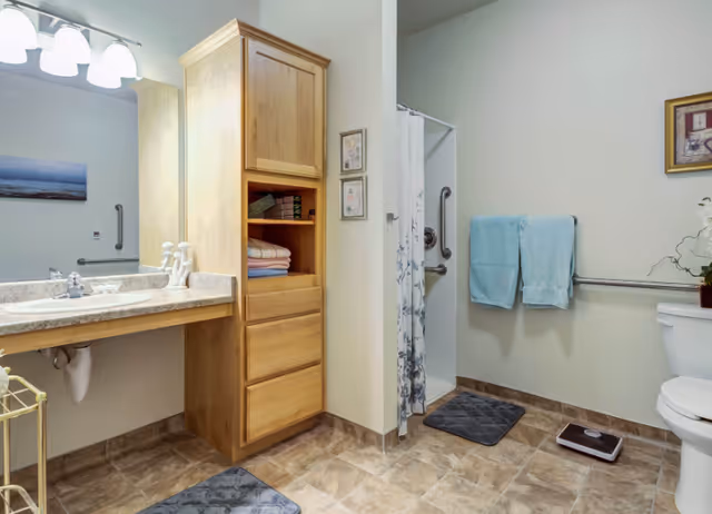 A clean and accessible bathroom with a sink and countertop on the left, a wooden cabinet with towels and storage in the center, a walk-in shower with a curtain and grab bars, two blue towels hanging on a grab bar, a toilet, a small plant on the toilet tank, and a digital scale on the tiled floor.