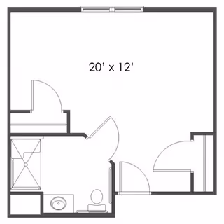 Architectural floor plan showing a room measuring 20 feet by 12 feet with an attached bathroom that includes a shower, sink, and toilet.