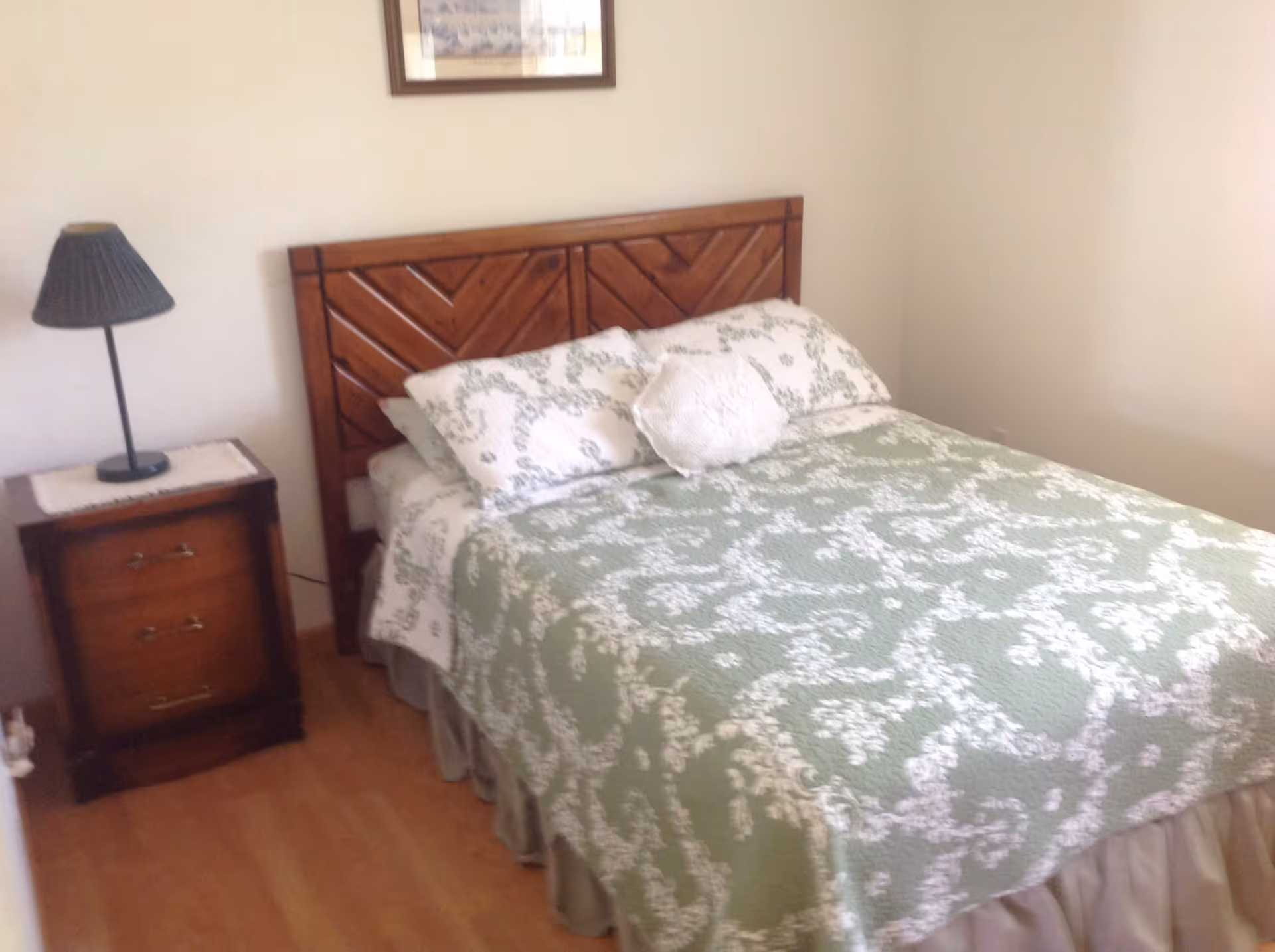 A bedroom with a wooden bed frame and a bed made with green and white patterned bedding. There are two pillows and a round decorative cushion on the bed. Next to the bed is a wooden nightstand with three drawers and a black lamp with a pleated shade. A framed picture hangs on the wall above the bed.