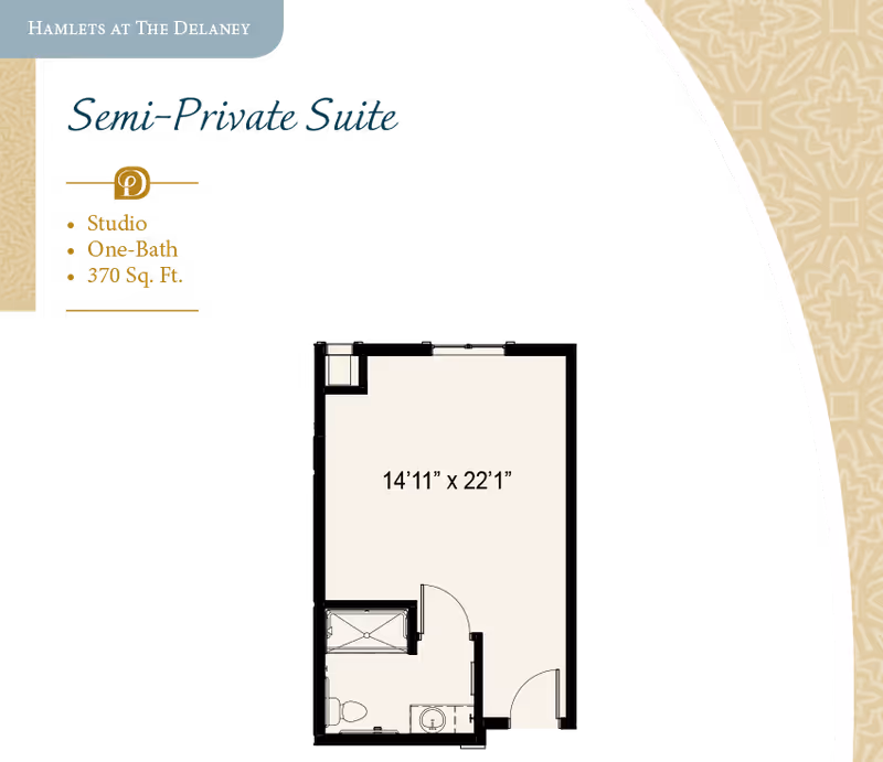 Floor plan of a semi-private suite at Hamlets at The Delaney showing a studio layout with one bathroom and a total area of 370 square feet. The main room measures 14 feet 11 inches by 22 feet 1 inch. The plan includes a bathroom with a toilet, sink, and shower.