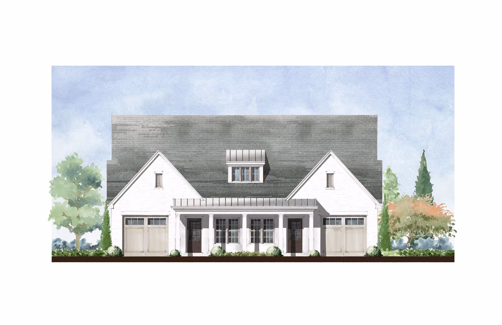 Watercolor-style architectural rendering of the front elevation of a white cottage with a central porch, two gabled wings, garages, and surrounding trees.