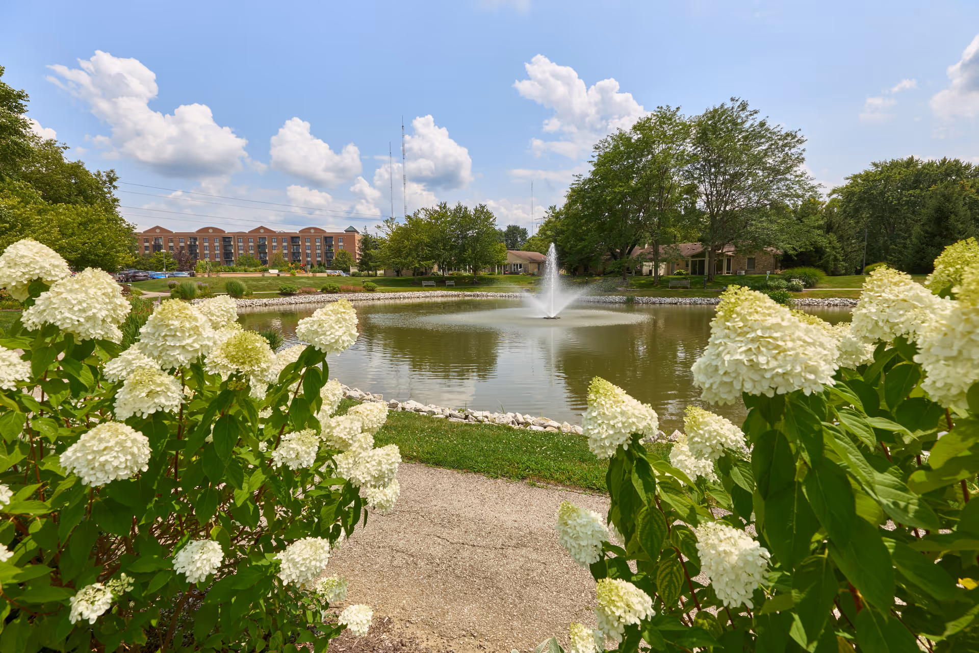 A scenic outdoor view of a pond with a water fountain in the center, surrounded by green grass, trees, and white flowering bushes in the foreground. In the background, there are buildings and a partly cloudy blue sky.