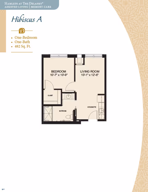 Floor plan of Hibiscus A unit at The Delaney at Lake Waco showing a one-bedroom, one-bath apartment with 482 square feet. The layout includes a bedroom measuring 10 feet 7 inches by 10 feet 9 inches, a living room measuring 10 feet 1 inch by 12 feet 6 inches, a bathroom, closet, and kitchenette.