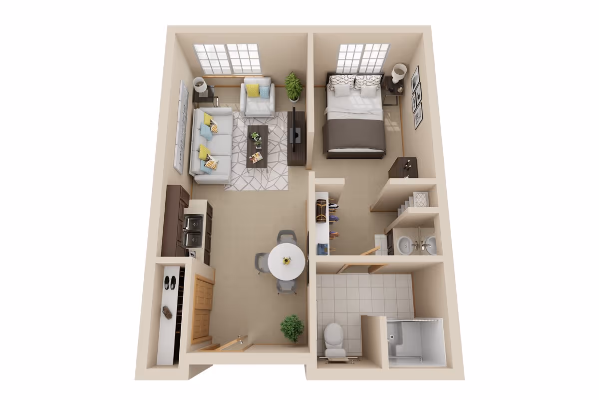 3D floor plan of a one-bedroom apartment featuring a living room with sofa, armchair, coffee table, and TV, a kitchen with sink and cabinets, a dining area with a round table and four chairs, a bedroom with a bed and nightstands, a bathroom with a toilet, sink, and shower, and a closet space.