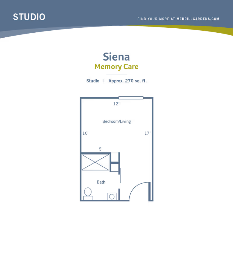 Floor plan of a studio apartment named Siena for Memory Care at Merrill Gardens At Solivita Marketplace, approximately 270 square feet. The layout includes a combined bedroom and living area measuring 12 by 17 feet, and a bathroom measuring 5 by 10 feet.
