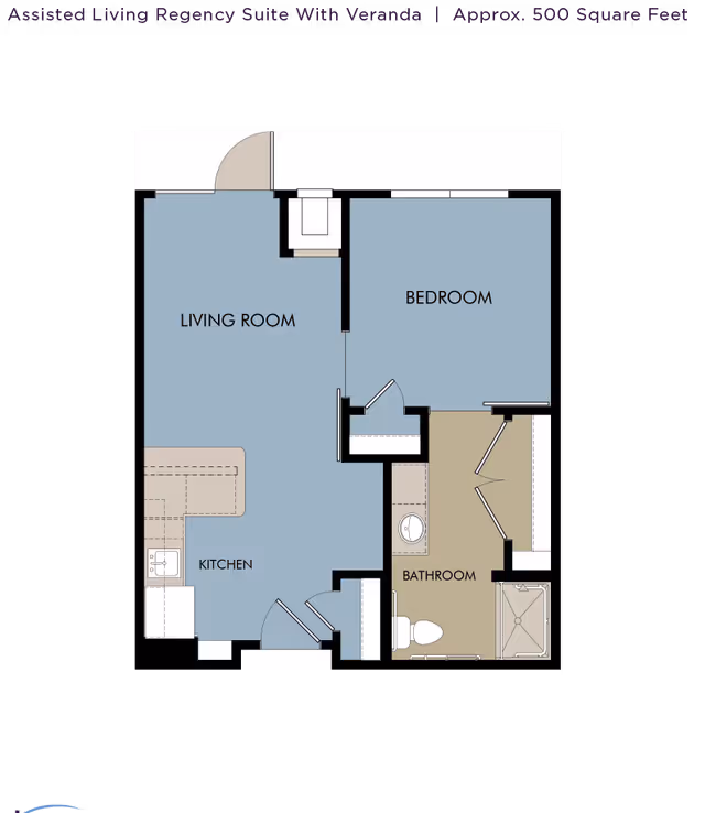Top-down floor plan of a one-bedroom assisted living suite showing a living room, kitchen, bedroom and bathroom.