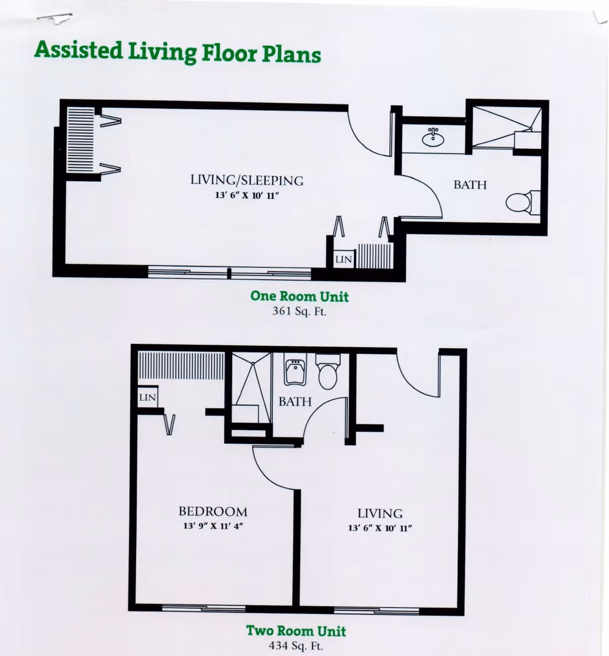 Floor plans for assisted living units at Day Brook Village Senior Living. The top plan shows a one-room unit with a combined living and sleeping area measuring 13' 6" by 10' 11", a bathroom, and a linen closet, totaling 361 square feet. The bottom plan shows a two-room unit with a separate bedroom measuring 13' 9" by 11' 4", a living room measuring 13' 6" by 10' 11", a bathroom, and a linen closet, totaling 434 square feet.