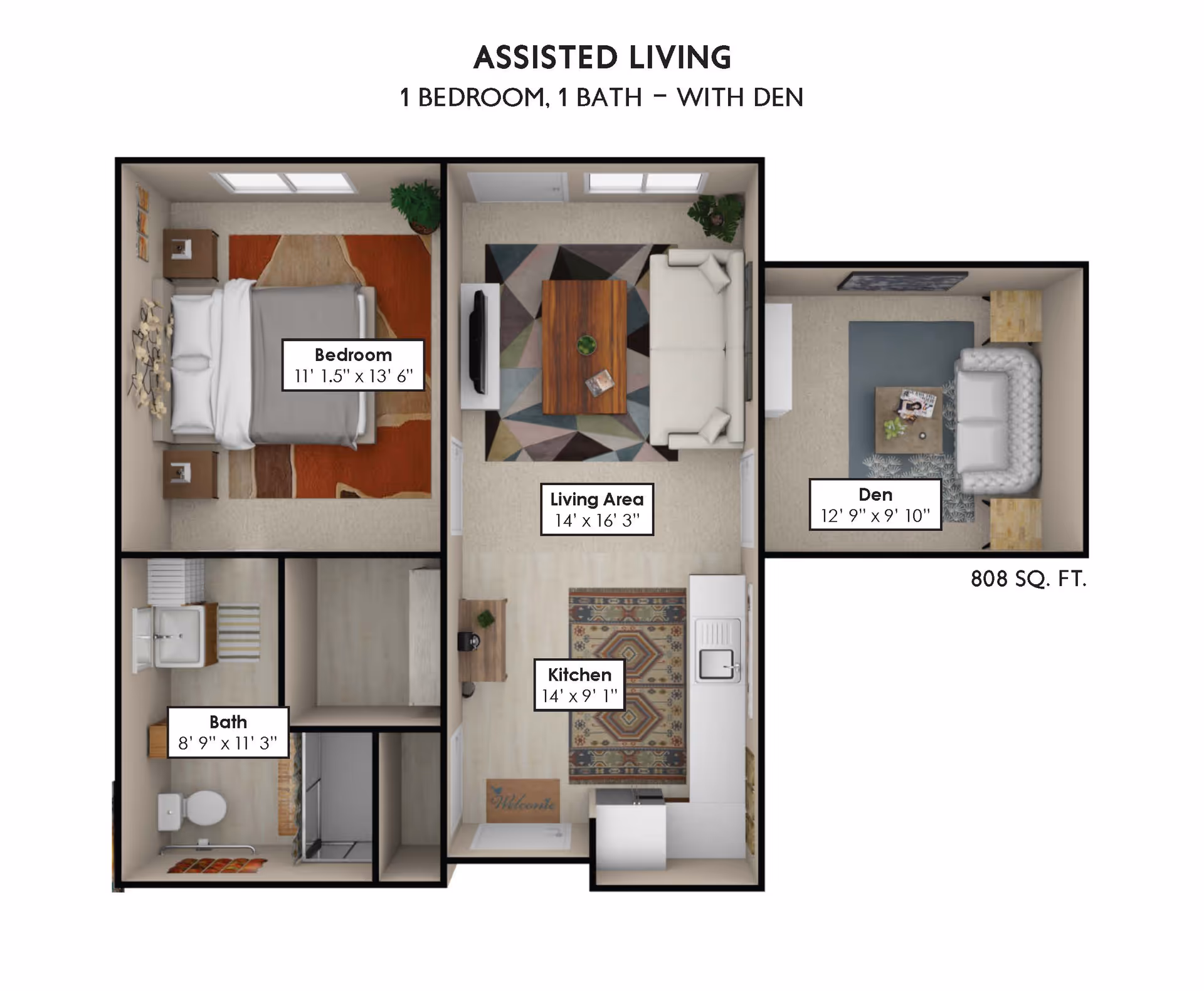 Floor plan of an assisted living unit with 1 bedroom, 1 bathroom, a living area, kitchen, and a den. The bedroom measures 11' 1.5" x 13' 6", the bath is 8' 9" x 11' 3", the living area is 14' x 16' 3", the kitchen is 14' x 9' 1", and the den is 12' 9" x 9' 10". The total area is 808 square feet.