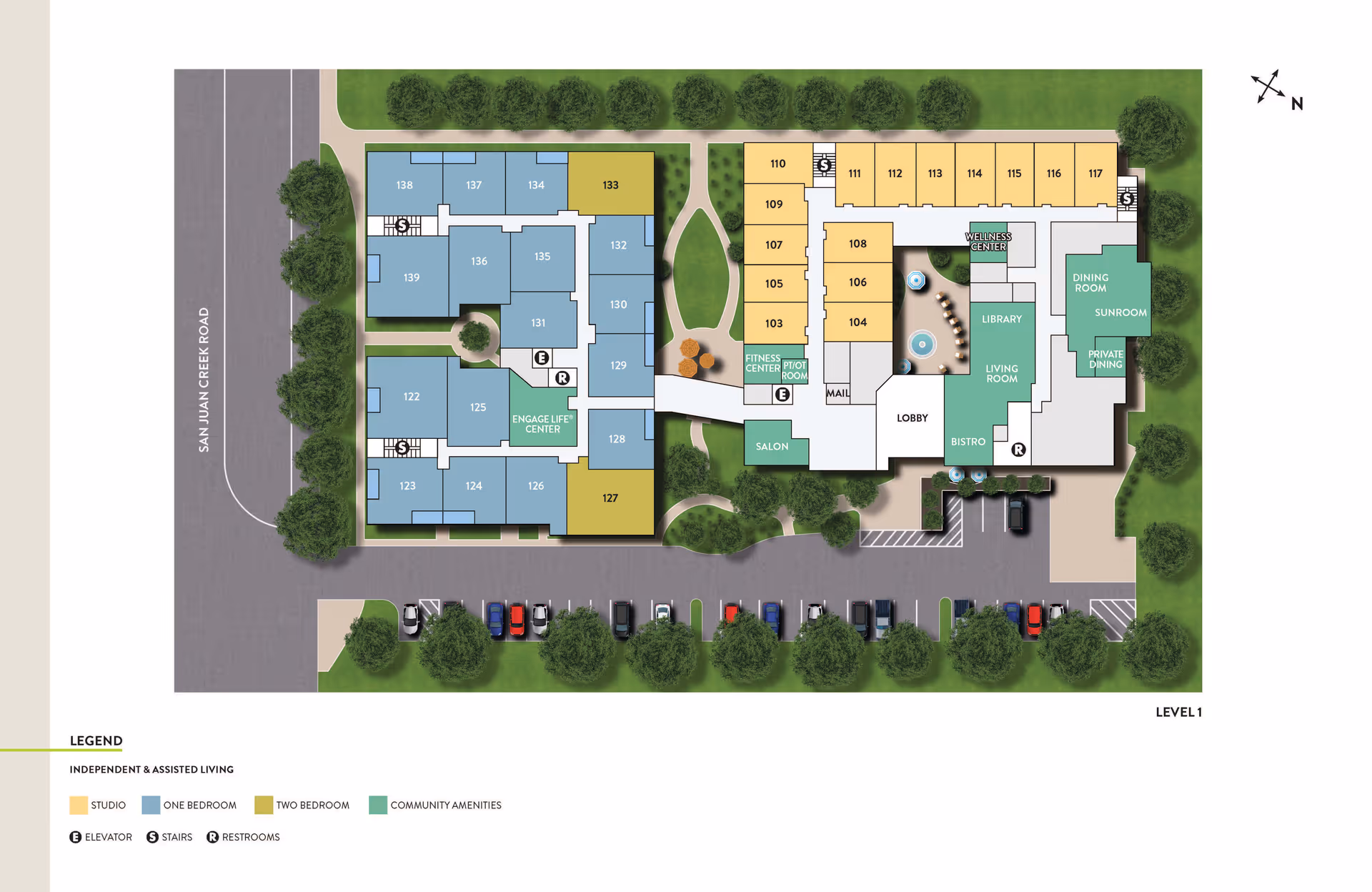 Floor plan of Atria San Juan senior living facility showing layout of independent and assisted living units including studio, one-bedroom, and two-bedroom apartments. Community amenities such as fitness center, salon, wellness center, library, living room, bistro, dining room, sunroom, private dining, and engage life center are marked. The plan also shows parking areas, elevators, stairs, and restrooms with a legend for unit types and symbols.