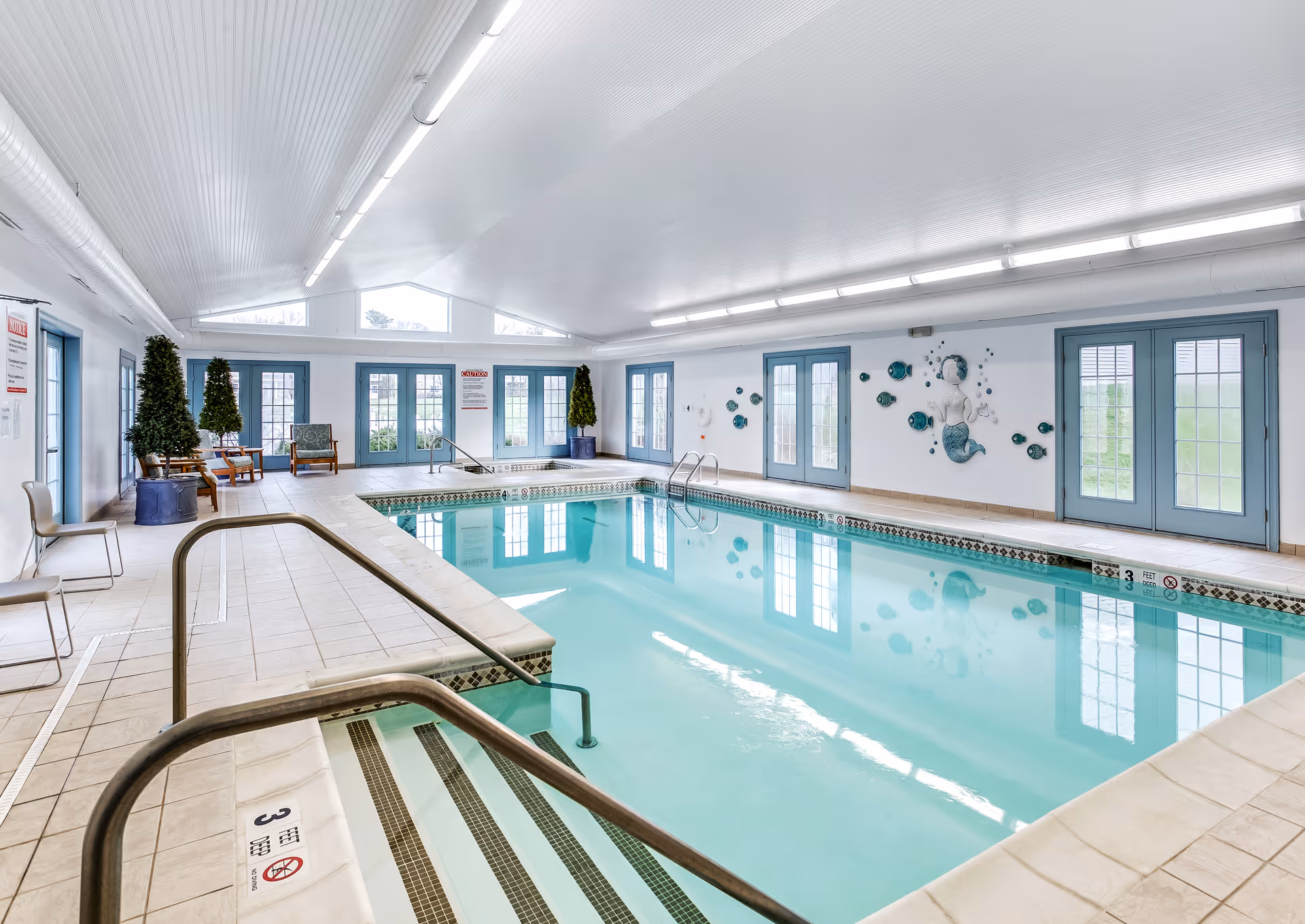 Indoor swimming pool area with light blue water, tiled floor, metal handrails, and steps leading into the pool. The room has white walls and ceiling with multiple windows and glass doors framed in blue, allowing natural light to enter. There are potted plants and chairs along the walls, and a decorative mermaid wall art is visible on one side.