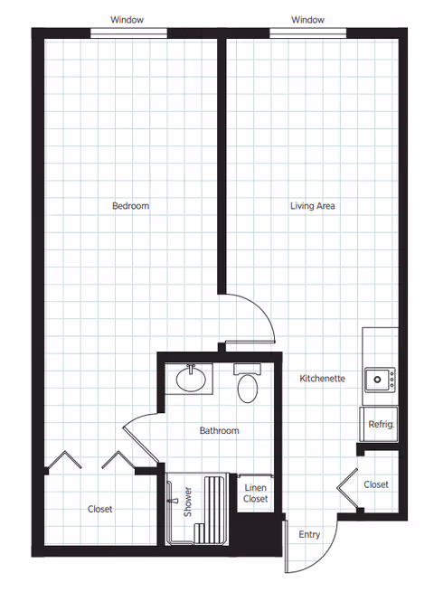 Architectural floor plan of a senior living unit at Belmont Village Thousand Oaks showing a bedroom with two closets, a bathroom with a shower, sink, toilet, and linen closet, a living area, kitchenette with refrigerator, and an entry door. Two windows are located in the bedroom and living area.
