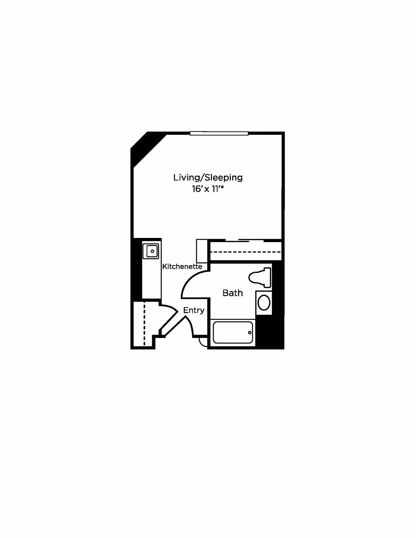 Floor plan layout of a studio apartment with a living/sleeping area measuring 16 feet by 11 feet, a kitchenette, an entry area, and a bathroom with a bathtub and toilet.