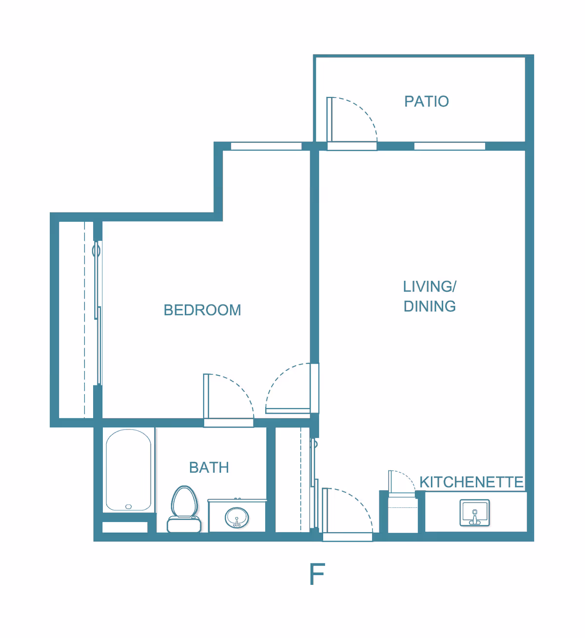 Floor plan layout of a living space at Solista Roseburg showing a bedroom, bathroom, living/dining area, kitchenette, and a patio.