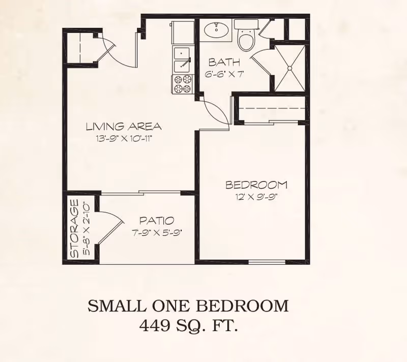 Floor plan of a small one-bedroom apartment with a total area of 449 square feet. The layout includes a living area measuring 13 feet 9 inches by 10 feet 11 inches, a bedroom measuring 12 feet by 9 feet 9 inches, a bathroom measuring 6 feet 6 inches by 7 feet, a patio measuring 7 feet 9 inches by 5 feet 9 inches, and a storage area measuring 5 feet 8 inches by 2 feet 10 inches. The kitchen is adjacent to the living area and bathroom.