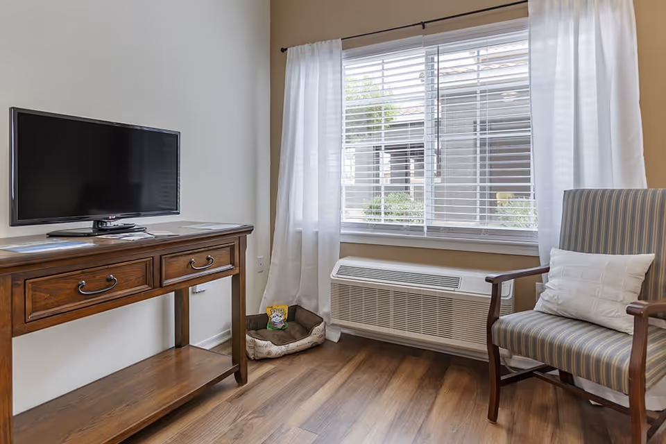 A cozy corner of a room featuring a wooden TV stand with a flat-screen television on top, a striped armchair with a white cushion, a pet bed with a small toy or item inside, and a large window with white curtains and blinds letting in natural light.