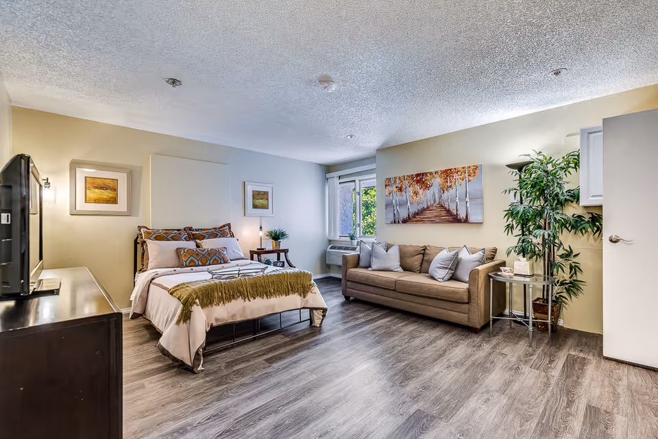 Bright studio-style apartment room with a bed, sofa, TV, and wall artwork.