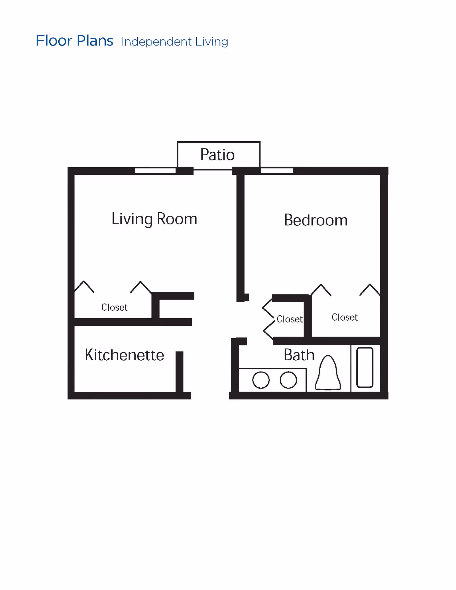 Floor plan layout for an independent living unit showing a living room with closet, kitchenette, bedroom with two closets, bathroom with double sinks, toilet, bathtub, and a patio.