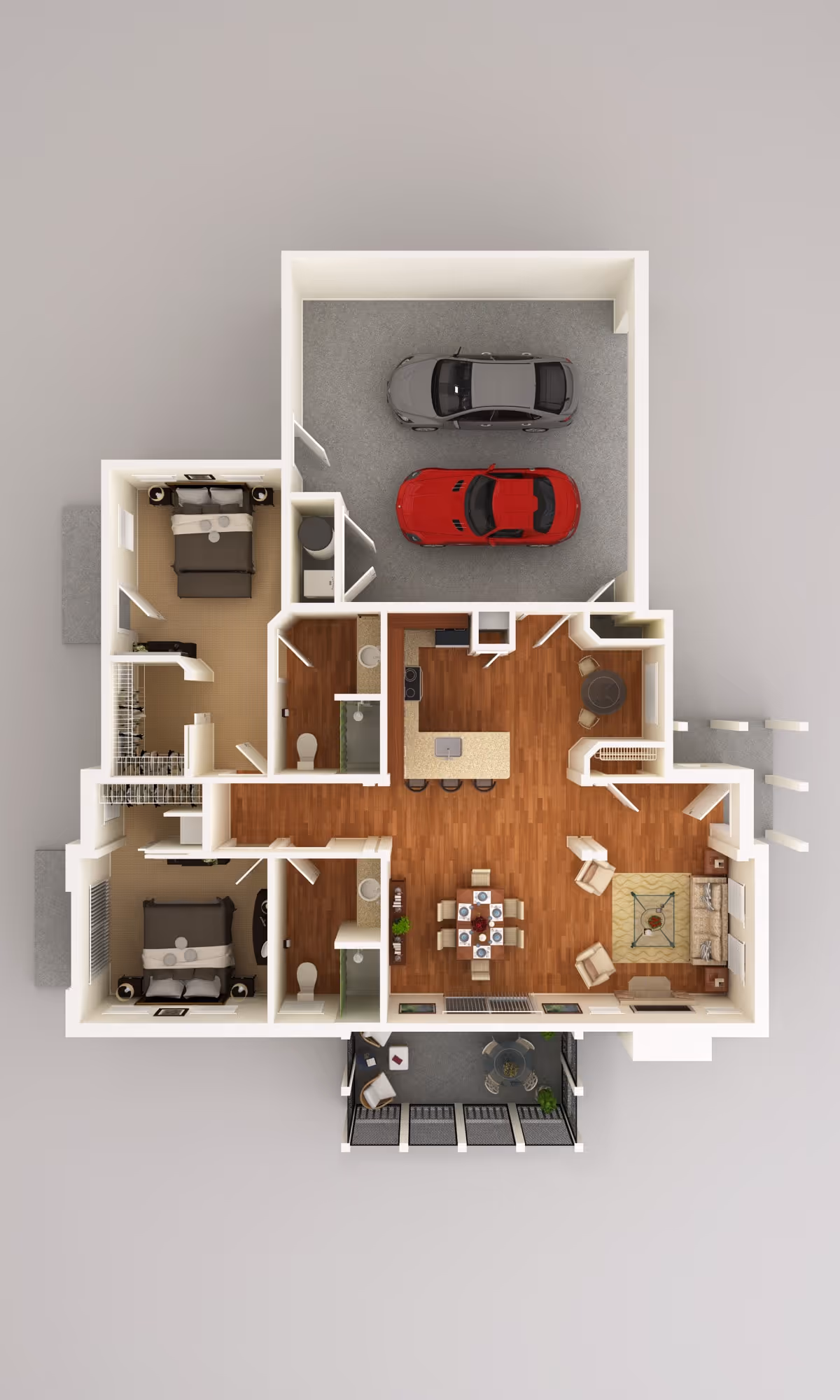 3D floor plan of a single-story home featuring two bedrooms, two bathrooms, a kitchen with an island and bar stools, a dining area with a table and six chairs, a living room with seating around a fireplace, a two-car garage with one red and one gray car, and a covered outdoor patio with seating.