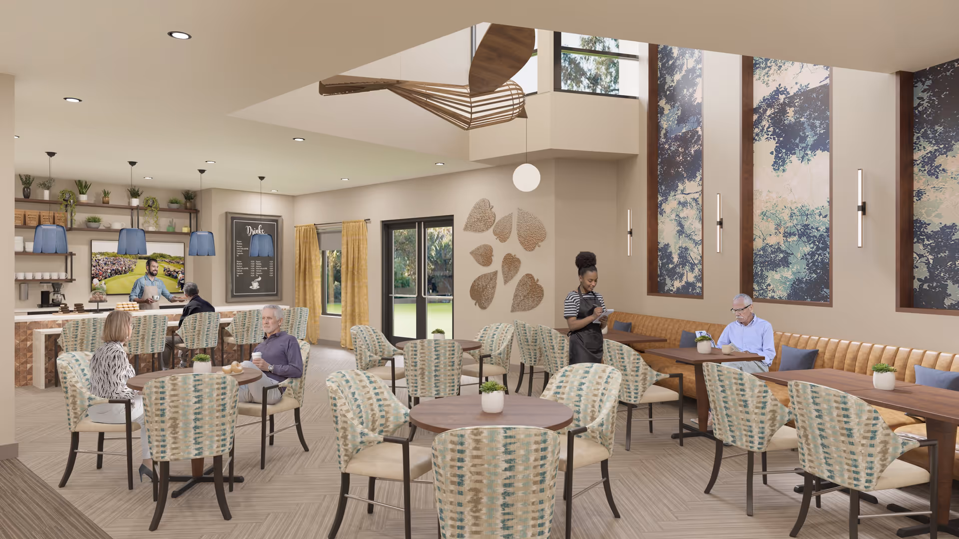 A bright and modern dining area in a senior living facility with multiple round tables and patterned chairs. Several elderly people are seated and enjoying drinks, while a waitress takes an order. The room features large windows with yellow curtains, decorative wall art, and a bar area with blue pendant lights and shelves with plants and cups.