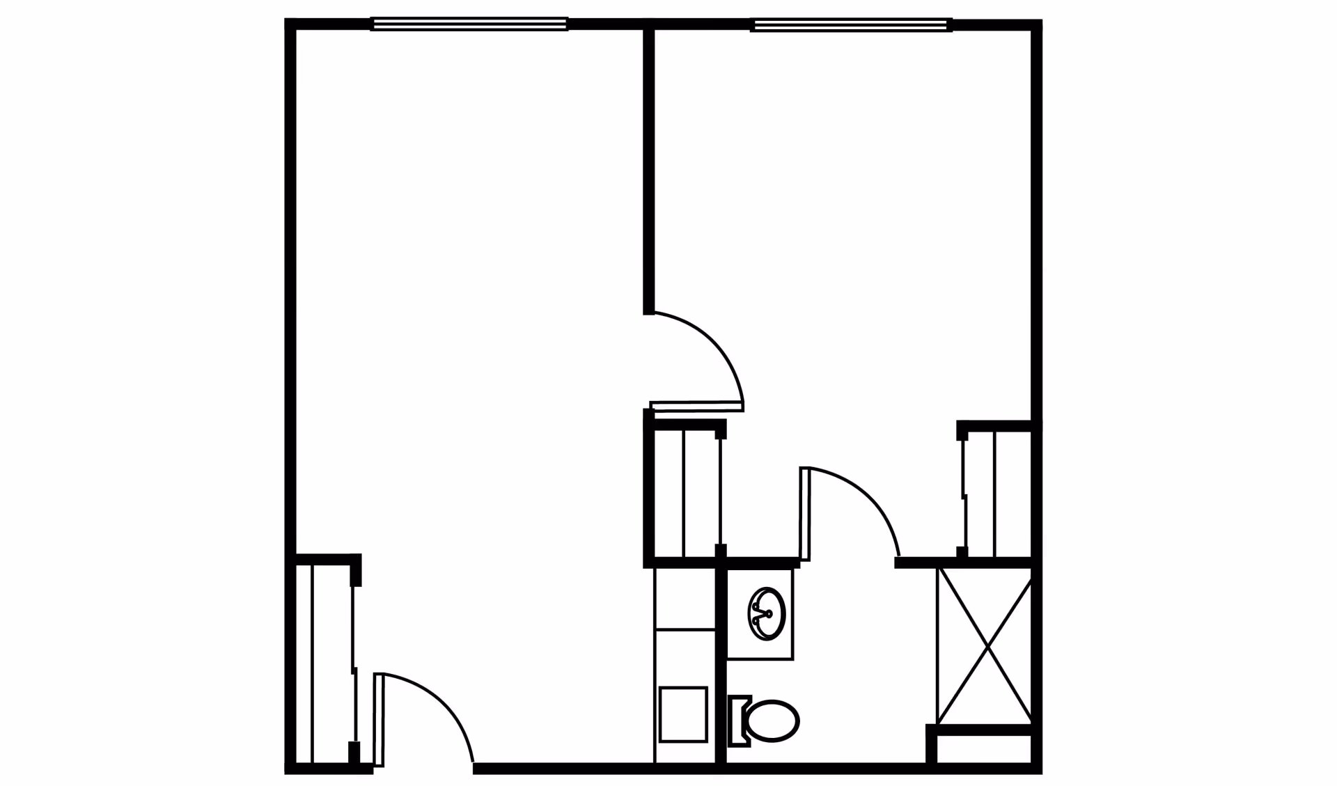 Black and white architectural floor plan showing a layout with two main rooms, a bathroom with a toilet and sink, and closets. The plan includes doors and windows but no furniture.