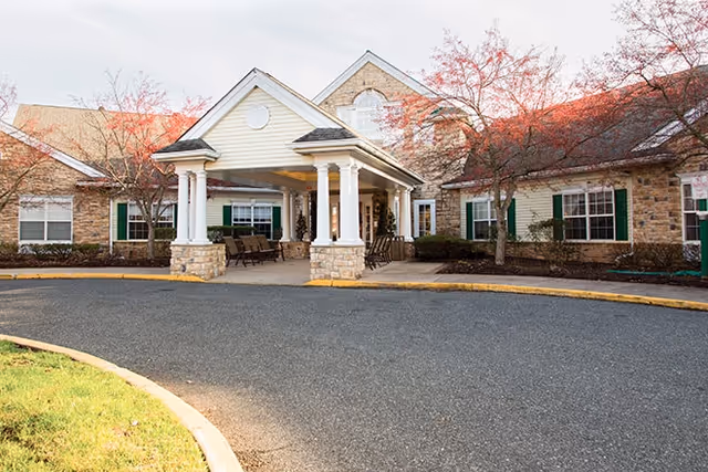 Brookdale Westampton senior living facility exterior with covered entry and circular drive