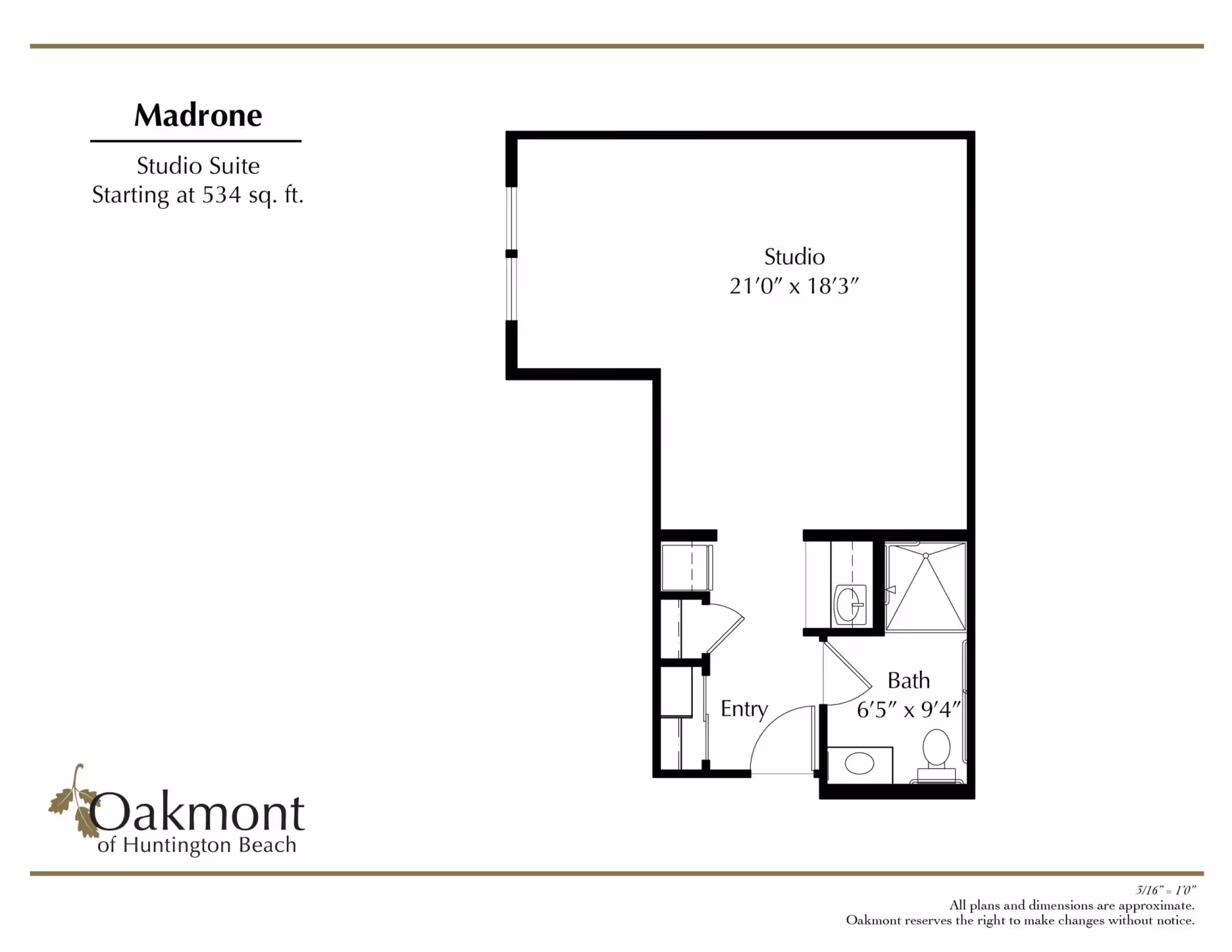 Floor plan of the Madrone studio suite at Oakmont of Huntington Beach, showing a studio area measuring 21 feet by 18 feet 3 inches, an entry area, and a bathroom measuring 6 feet 5 inches by 9 feet 4 inches.