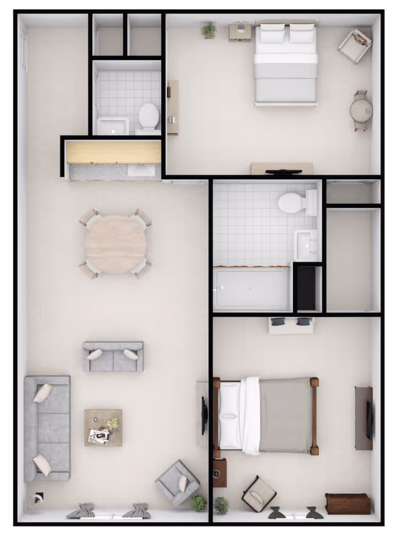 Top-down floor plan of a senior living apartment featuring two bedrooms, two bathrooms, a living room with sofas and a chair, and a dining area with a round table and four chairs.