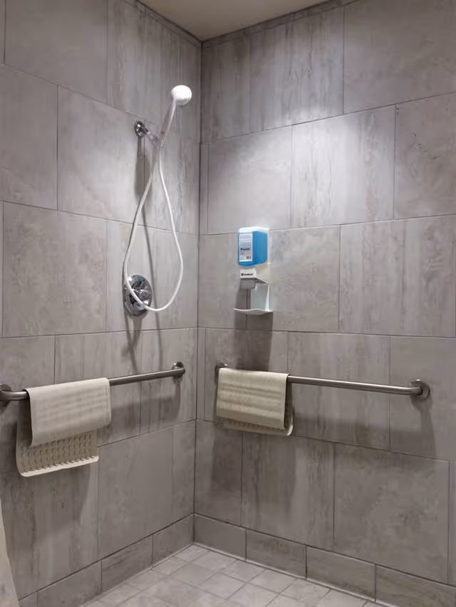 A tiled shower area with a handheld showerhead mounted on the wall, two horizontal grab bars with textured non-slip mats hanging on them, and a wall-mounted soap or shampoo dispenser filled with blue liquid.