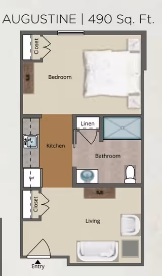 Floor plan of a 490 square foot apartment named Augustine, showing an entry leading to a living area with seating, a kitchen area with a sink and refrigerator, a bathroom with a toilet and shower, a linen closet, and a bedroom with a bed and closet.