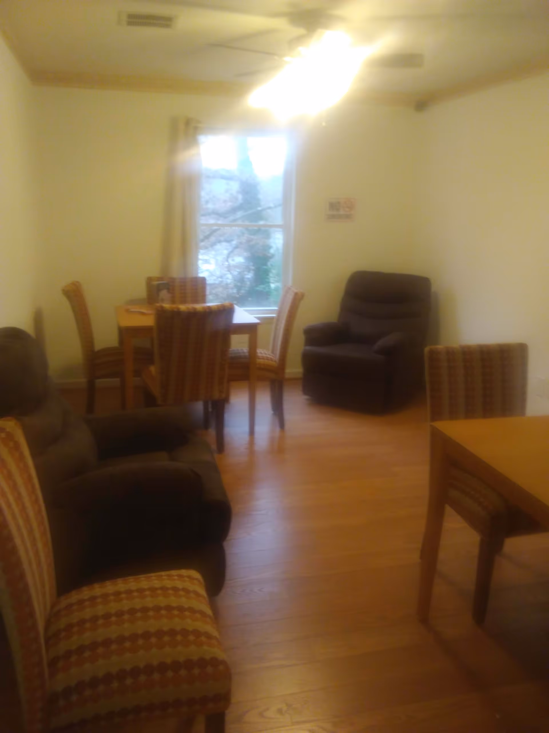 A room with wooden flooring featuring a small dining table with four striped upholstered chairs, two brown cushioned armchairs, a window with curtains, and a ceiling fan with lights.