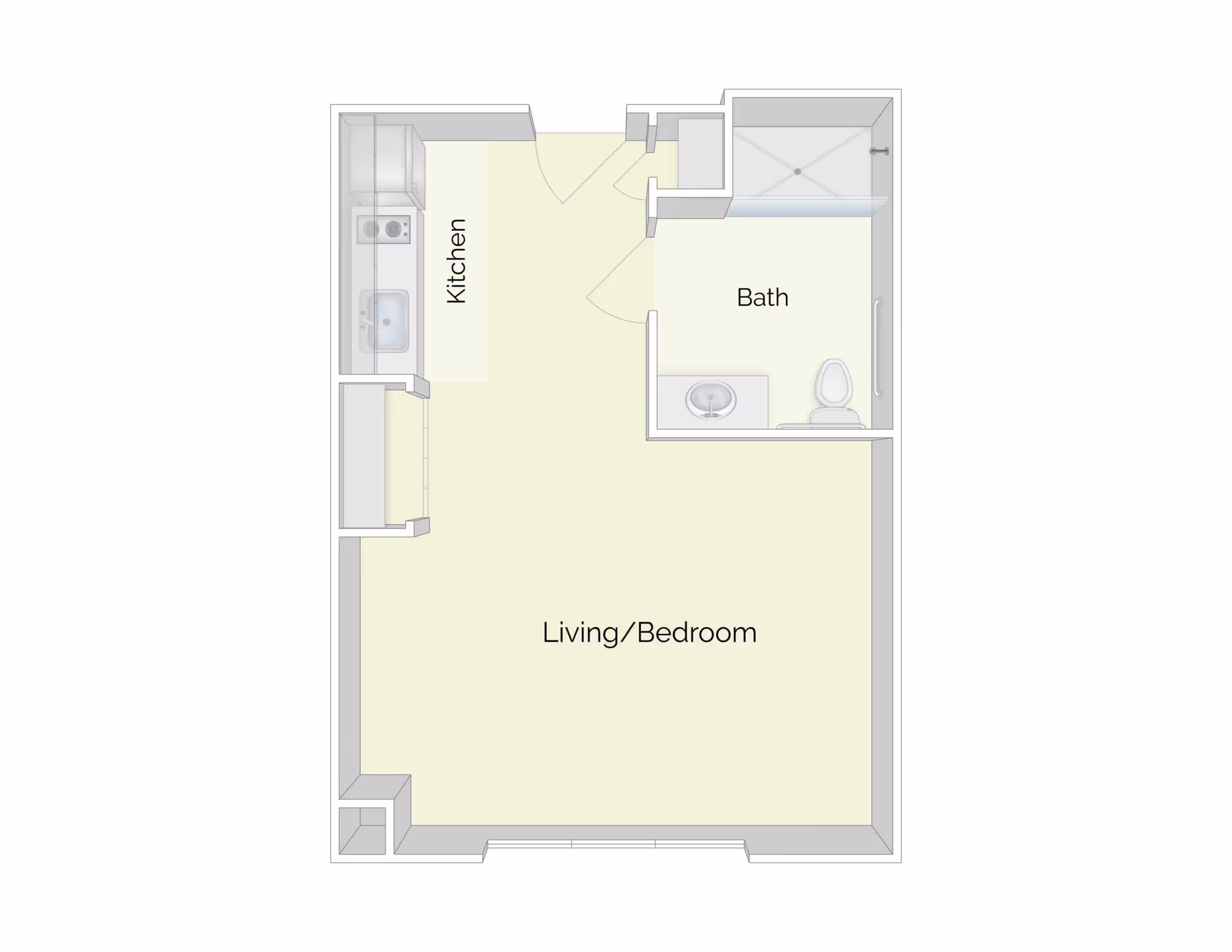 Floor plan of a studio apartment layout with a combined living and bedroom area, a kitchen along one wall, and a separate bathroom with a shower, sink, and toilet.