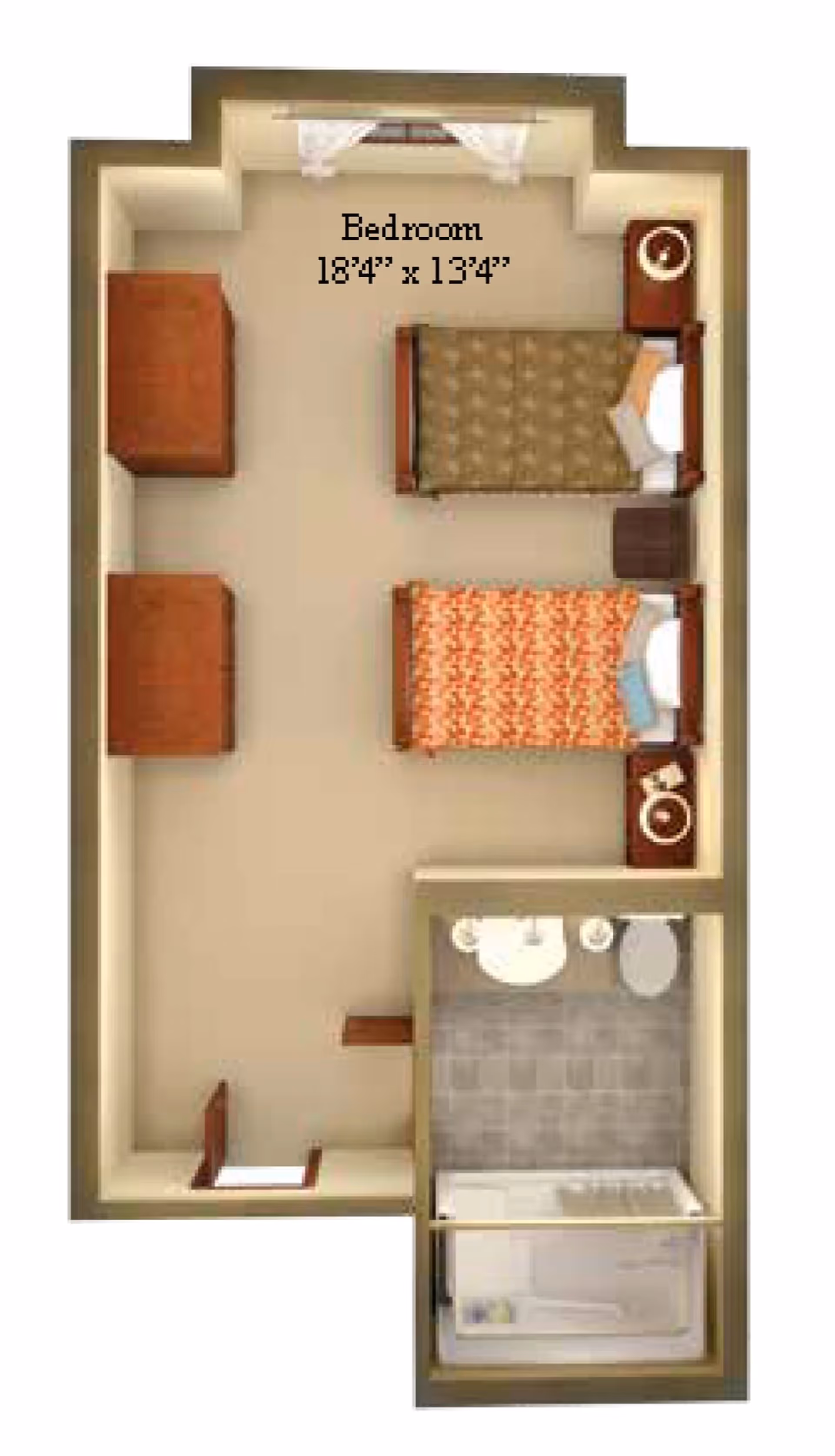 Top-down floor plan of a bedroom with two twin beds, dressers, bedside tables and an attached bathroom.