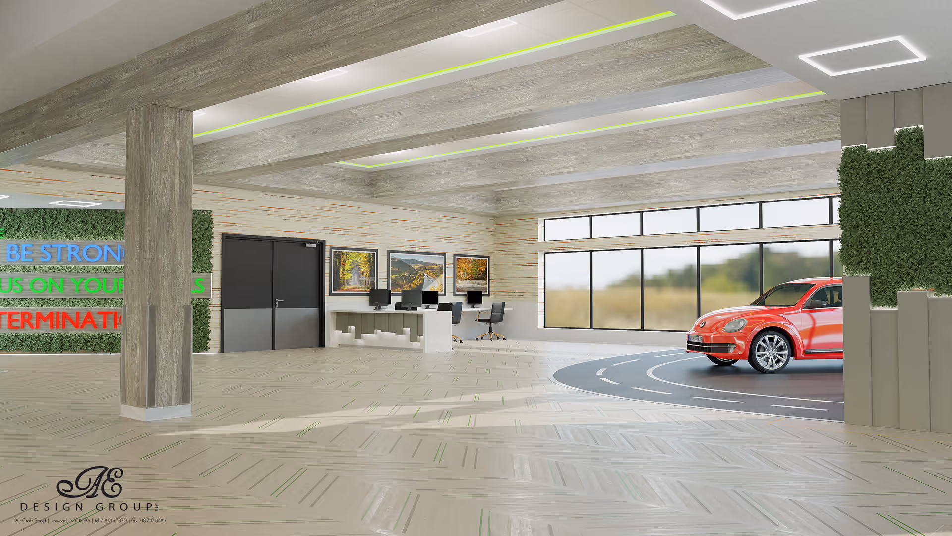 Bright modern lobby interior with a red car on an indoor circular display, a reception desk with computers, large windows and green wall signage.