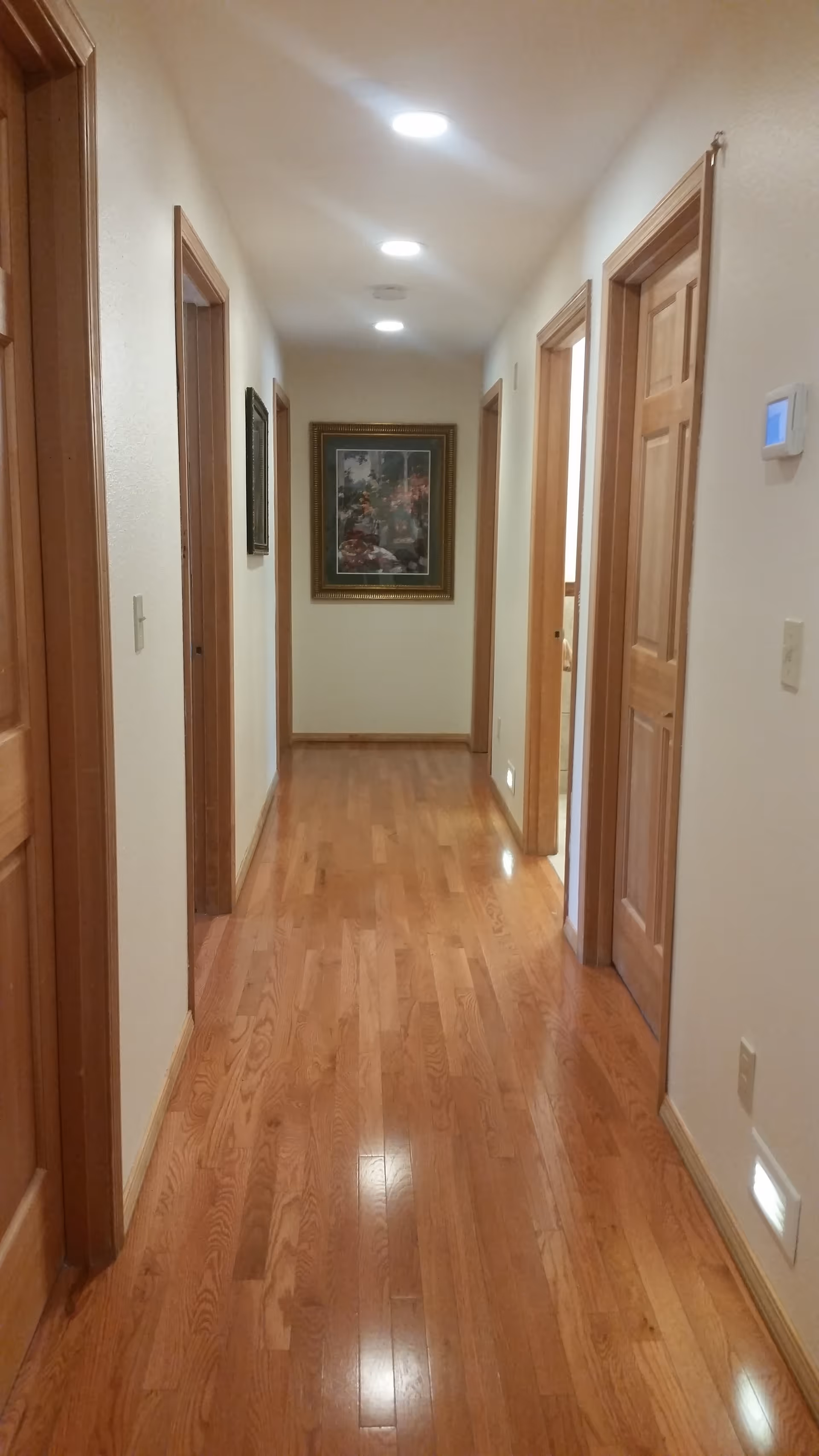 A well-lit hallway with wooden floors and wooden doors on both sides. The walls are painted light beige, and there are recessed ceiling lights illuminating the corridor. At the end of the hallway, a framed painting is hung on the wall.
