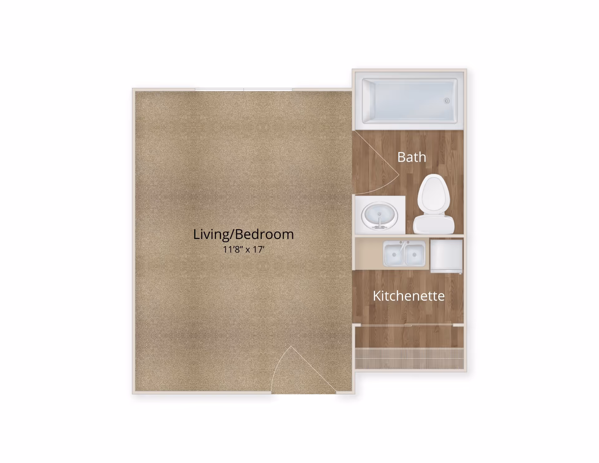 Floor plan of a senior living studio apartment featuring a combined living and bedroom area measuring 11 feet 8 inches by 17 feet, a bathroom with a bathtub, toilet, and sink, and a kitchenette with a double sink and small refrigerator.
