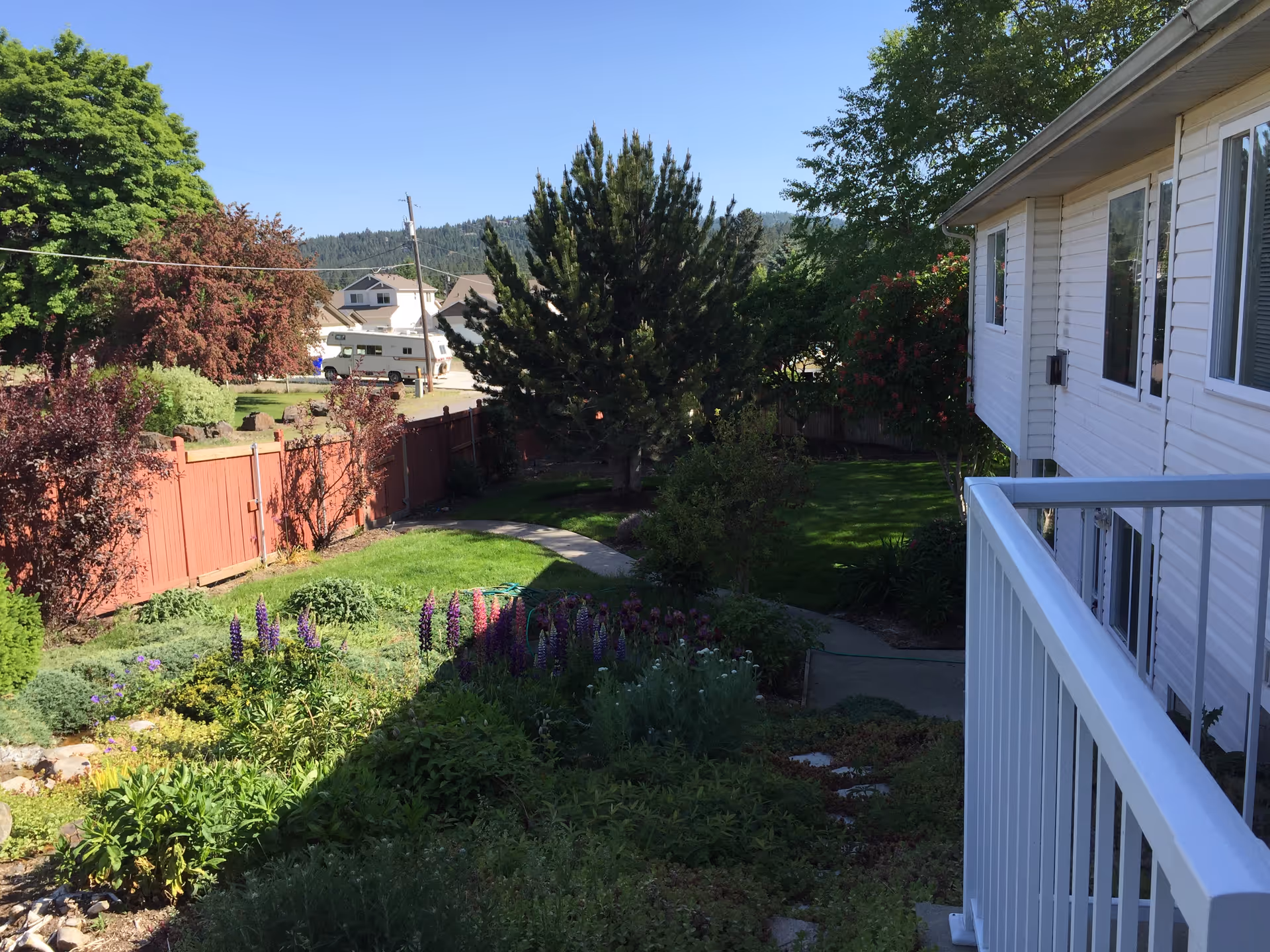 View from a white-railed balcony over a landscaped backyard with flowering beds, a lawn, a red wooden fence and neighboring houses.