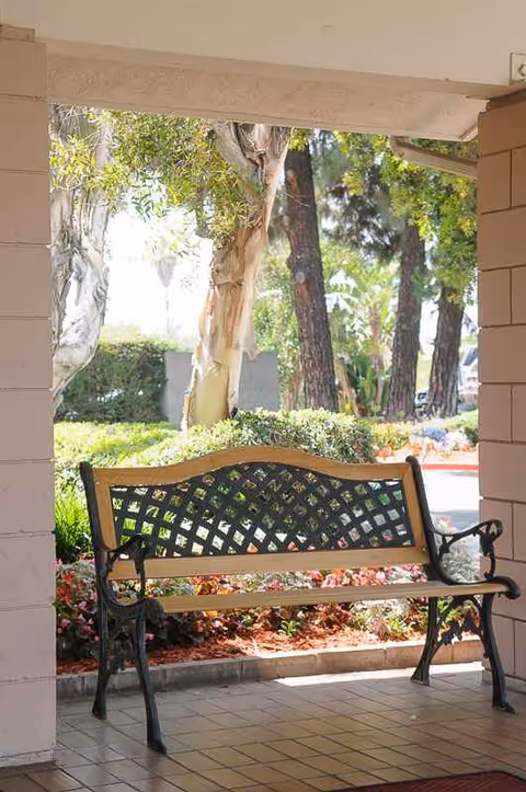 There is an outdoor seating bench under a covered walkway with greenery and trees.