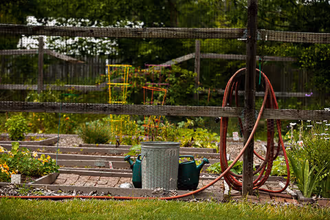 A fenced garden area with raised garden beds containing various plants. There are two green watering cans and a metal trash can inside the garden. A red garden hose is coiled and hanging on the wooden fence. The background shows green trees and plants.