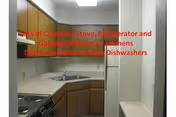 Compact apartment kitchen with a stove, sink, refrigerator and wood cabinets, overlaid with red promotional text.